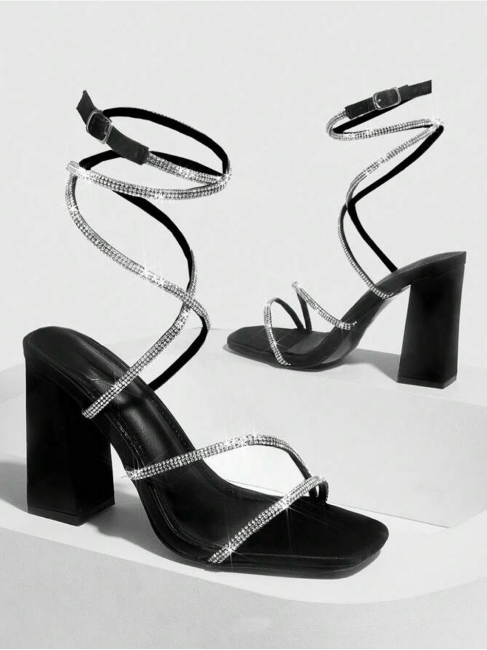 Black Rhinestone Wrap-Strap Block Heel Sandals